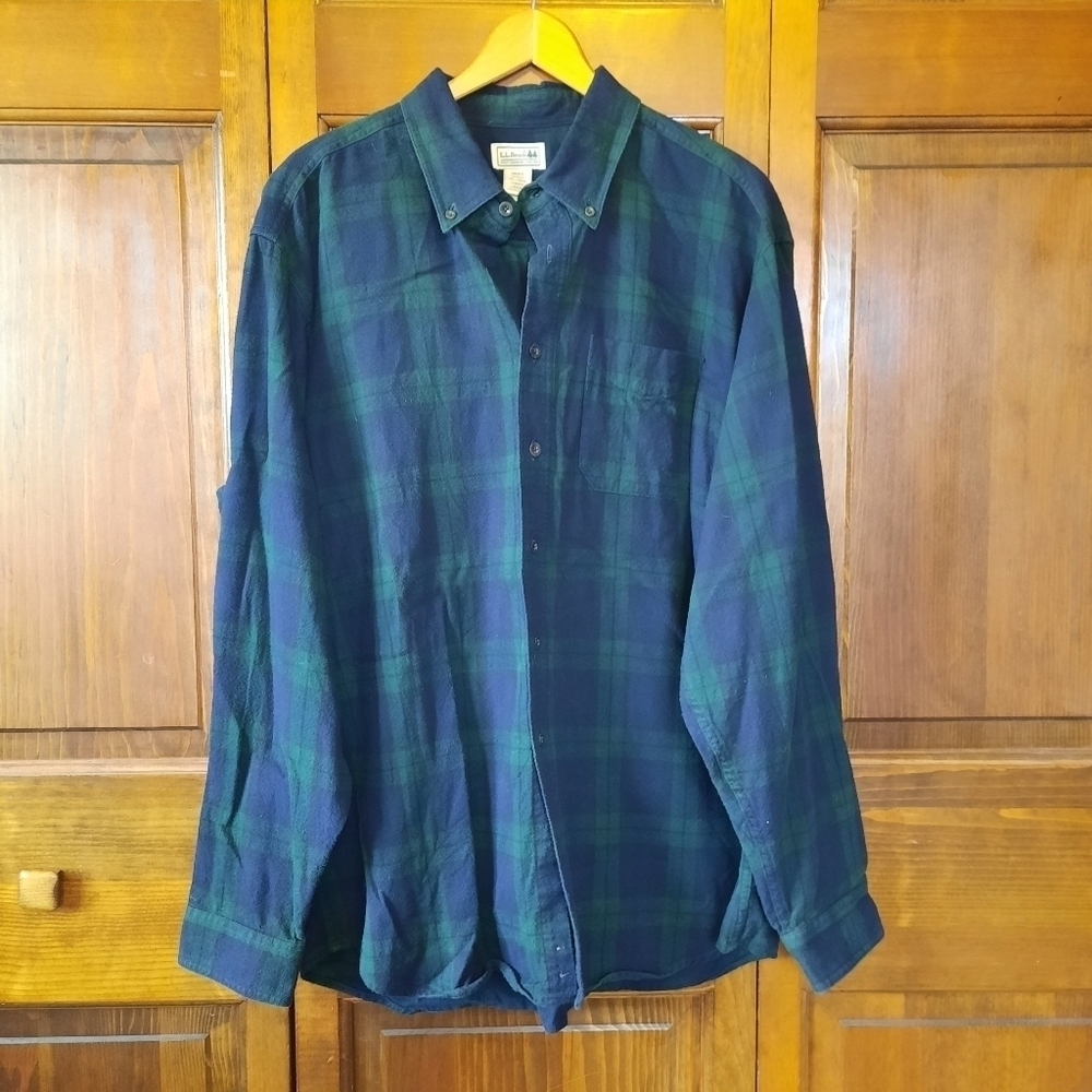L.L. Bean Scotch Plaid Flannel Shirt 100% cotton blue green button down BHF4 XL